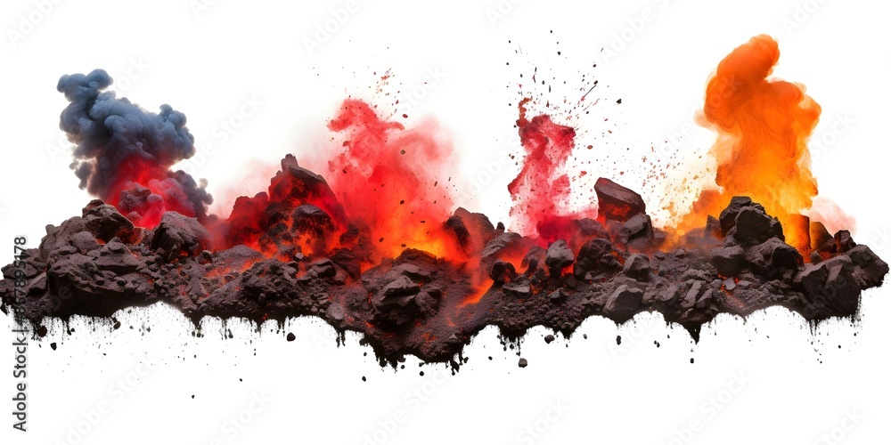 Volcanic eruptions with lava spewing, isolated on white background. Concept Natural disasters, Volcanoes, Lava, White Background, Eruptions Volcanic eruptions with lava spewing, isolated on white background. Concept Natural disasters, Volcanoes, Lava, White Background, Eruptions