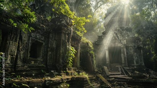 Ancient ruins overgrown by jungle, with sunlight filtering through the leaves