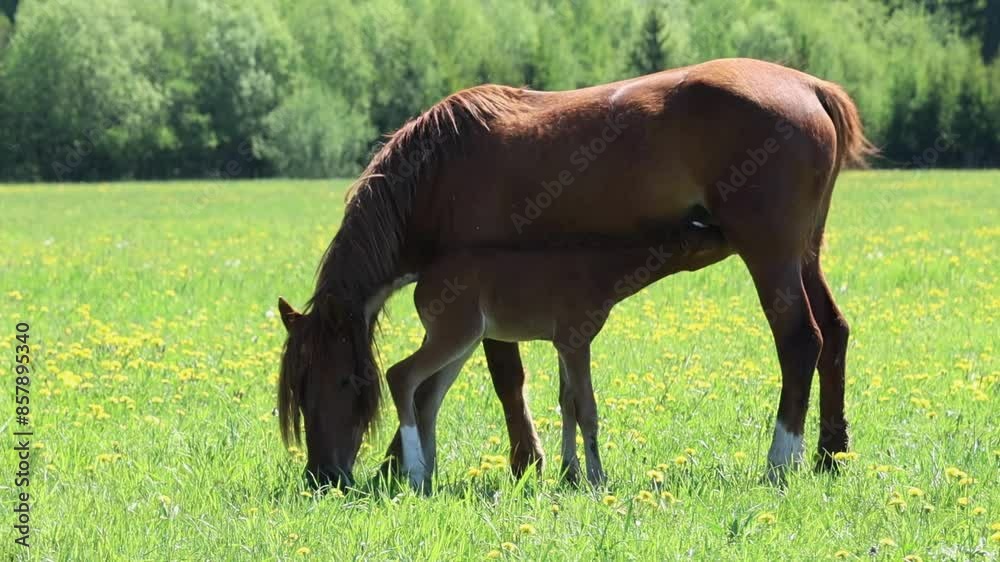 A mother horse and her foal peacefully graze in a lush green meadow, basking under the warm sun