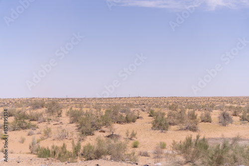 A vast desert with a clear blue sky. The sky is empty and the sun is shining brightly