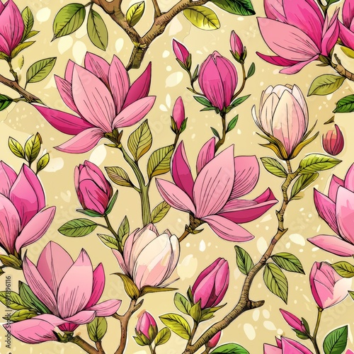 Seamless pattern of magnolia blooms scattered across a watercolor wash background, lending a soft, Generative AI  © fahmy