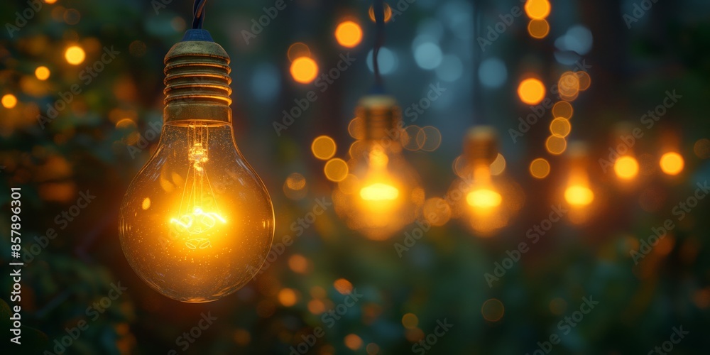 abstract banner background of electric light bulbs hanging glow light in garden with whimsical ethereal romantic atmosphere abstract banner background of electric light bulbs hanging glow light in garden with whimsical ethereal romantic atmosphere