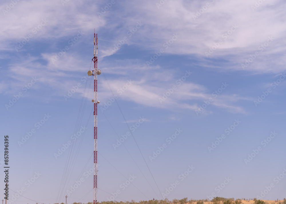 Obraz premium A tall tower with a red top is standing in a field. The sky is clear and blue, with a few clouds scattered throughout