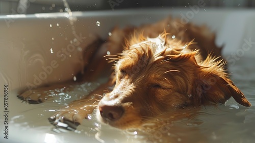 Dog taking bath at home. Bathing of Nova Scotia Duck Tolling Retriever.