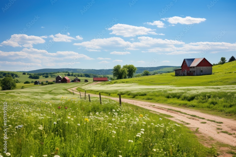 Sunny rural landscape with barns, fields and a dirt road Sunny rural landscape with barns, fields and a dirt road