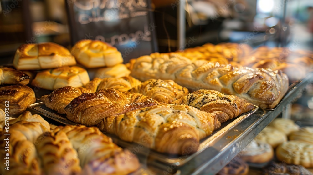 An enticing display of freshly baked pastries glimmers under the warm light of a bakery, inviting a delightful indulgence An enticing display of freshly baked pastries glimmers under the warm light of a bakery, inviting a delightful indulgence