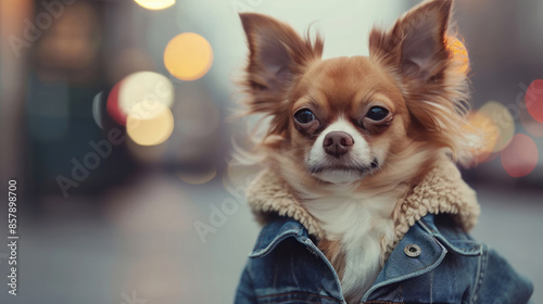 A stylish chihuahua rocks a warm denim jacket on a city street, showcasing canine fashion in an urban setting. photo