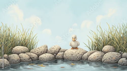 Cute fluffy baby duck standing alone on a rock by the water with grass and stones © Sippung
