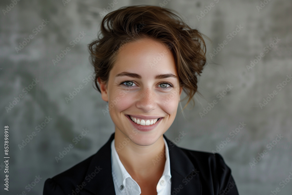 portrait of a young and beautiful smiling business woman woman wearing a suit in a modern office portrait of a young and beautiful smiling business woman woman wearing a suit in a modern office