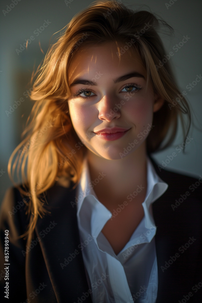 portrait of a young and beautiful smiling business woman woman wearing a suit in a modern office portrait of a young and beautiful smiling business woman woman wearing a suit in a modern office