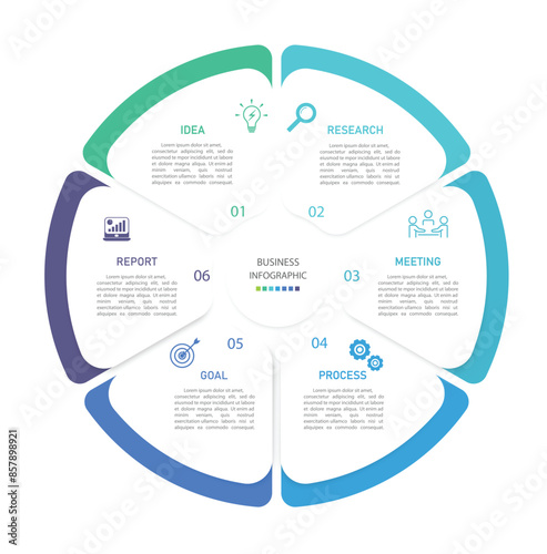 Business infographics line process with template with icons and 6 options or steps.infographics of business,idea,research,meeting,process,goal,report.for infographics design template