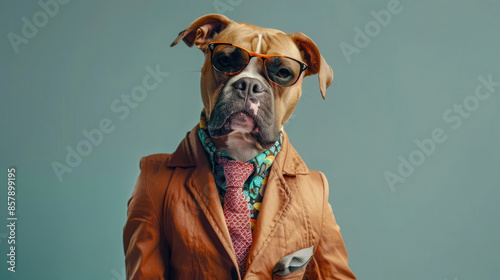 A stylish dog exudes confidence in a funky ensemble--jacket, tie, sunglasses--posing as a supermodel on a solid background. photo