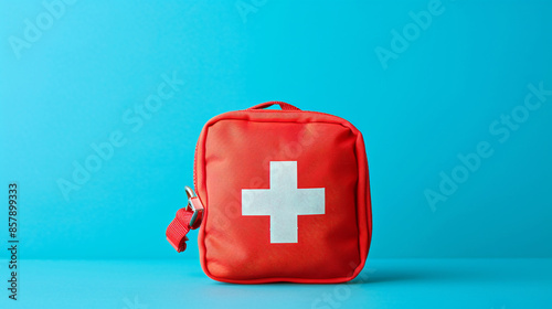Red first aid kit on blue background.
