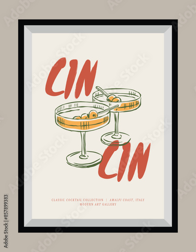 Minimal hand drawn vector cocktail illustration with aesthetic quote in a poster frame. Matisse style illustrations.	