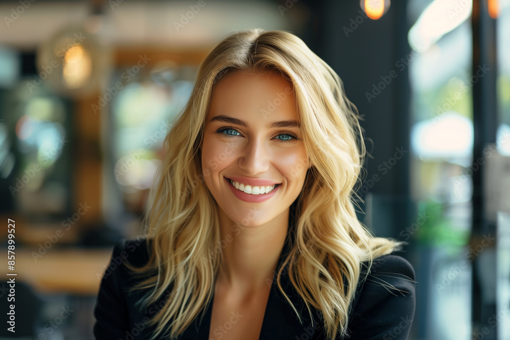 portrait of a young and beautiful smiling business woman woman wearing a suit in a modern office