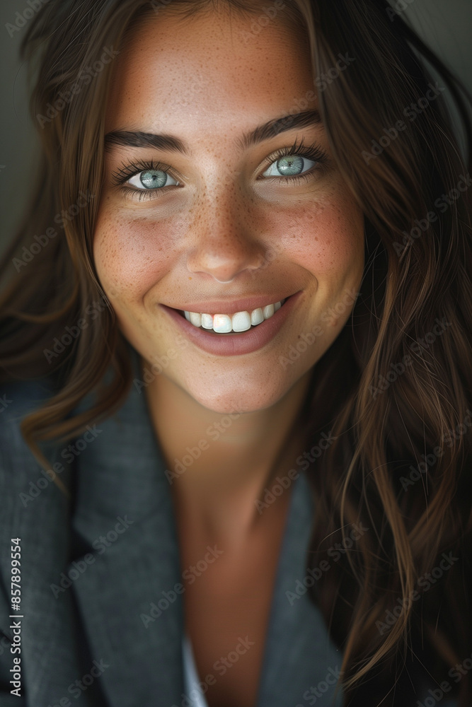 portrait of a young and beautiful smiling business woman woman wearing a suit in a modern office portrait of a young and beautiful smiling business woman woman wearing a suit in a modern office