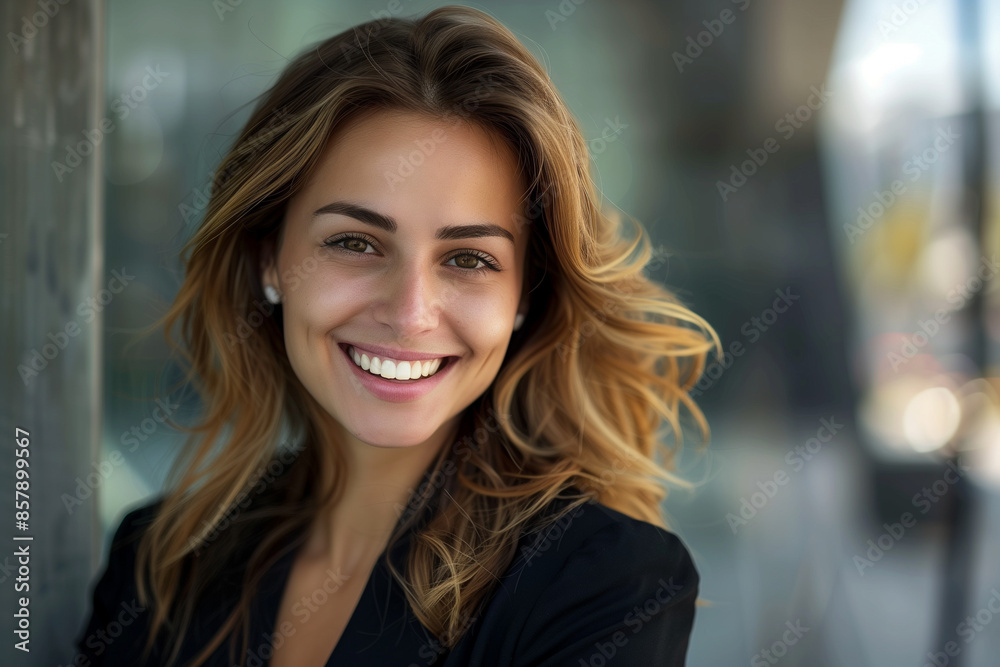 portrait of a young and beautiful smiling business woman woman wearing a suit in a modern office portrait of a young and beautiful smiling business woman woman wearing a suit in a modern office
