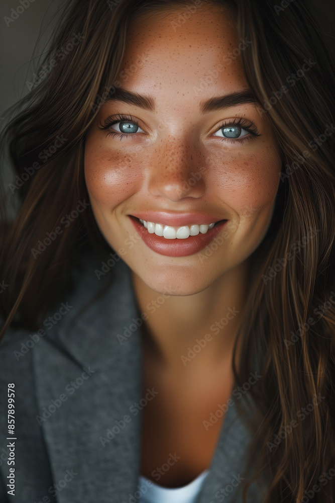 portrait of a young and beautiful smiling business woman woman wearing a suit in a modern office portrait of a young and beautiful smiling business woman woman wearing a suit in a modern office