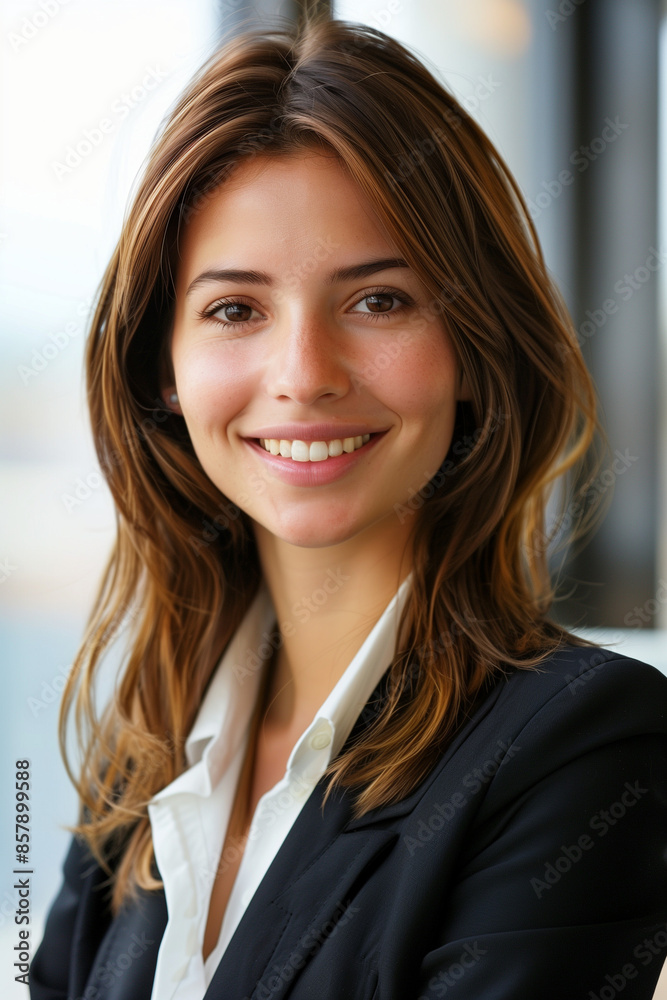 portrait of a young and beautiful smiling business woman woman wearing a suit in a modern office portrait of a young and beautiful smiling business woman woman wearing a suit in a modern office