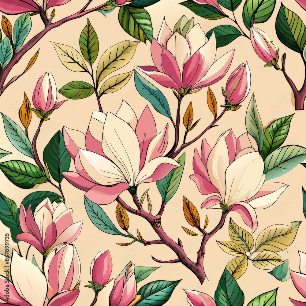 Seamless pattern of magnolia branches adorned with lush foliage and blooming flowers, creating a charming, Generative AI Seamless pattern of magnolia branches adorned with lush foliage and blooming flowers, creating a charming, Generative AI