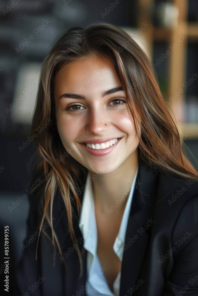 portrait of a young and beautiful smiling business woman woman wearing a suit in a modern office portrait of a young and beautiful smiling business woman woman wearing a suit in a modern office