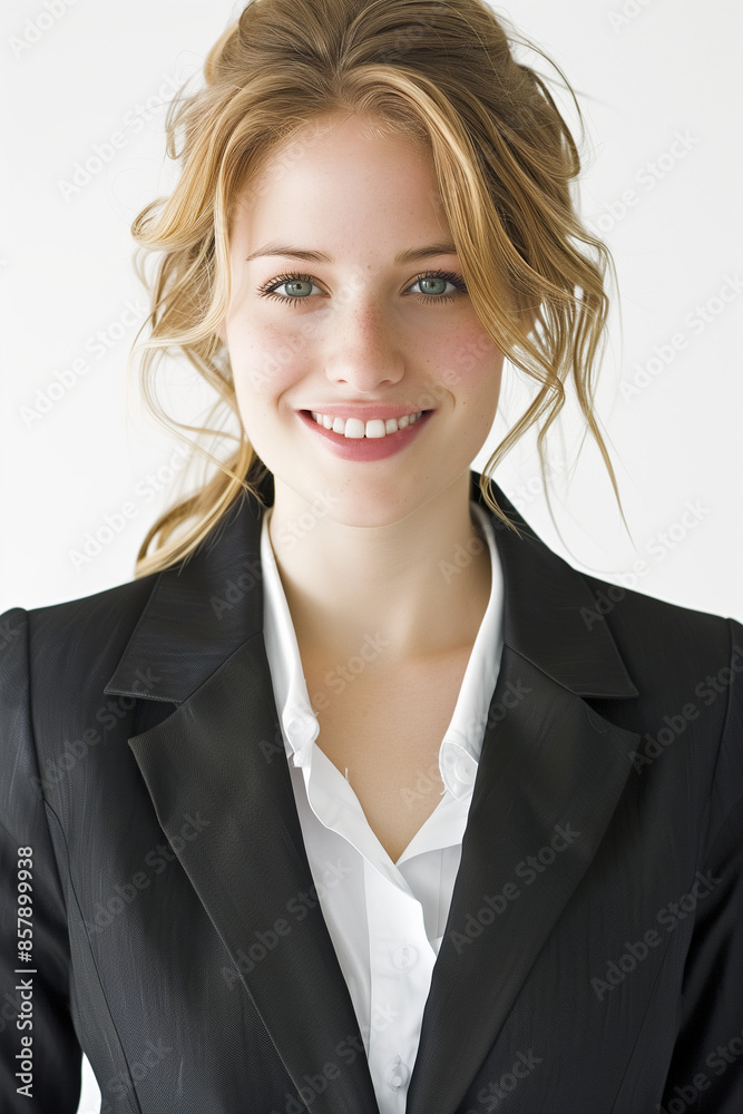 portrait of a young and beautiful smiling business woman woman wearing a suit in a modern office portrait of a young and beautiful smiling business woman woman wearing a suit in a modern office