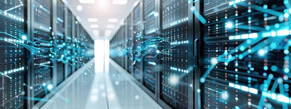 A high-tech server room with rows of servers, glowing blue lines of ...
