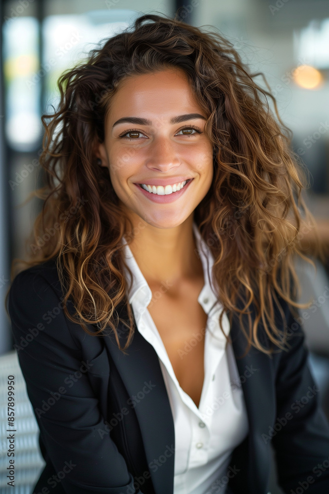 portrait of a young and beautiful smiling business woman wearing a suit in a modern office portrait of a young and beautiful smiling business woman wearing a suit in a modern office