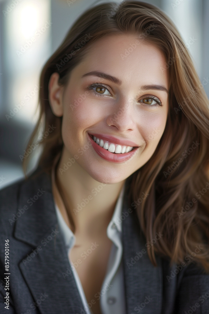 portrait of a young and beautiful smiling business woman woman wearing a suit in a modern office portrait of a young and beautiful smiling business woman woman wearing a suit in a modern office