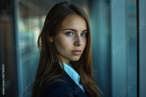 portrait of a young and beautiful business woman woman wearing a suit in a modern office