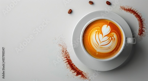 A Cup of Latte With Flower Decoration on a White Surface