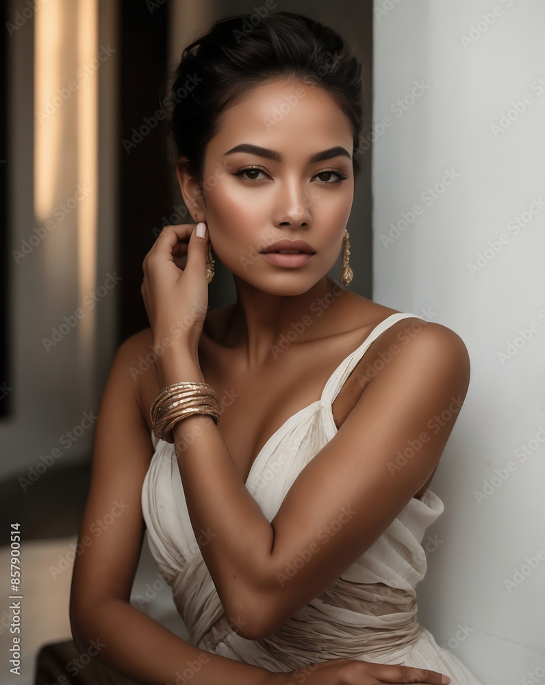 Elegant Woman with Updo Hairstyle in White Dress Posing Gracefully Indoors with Jewelry Elegant Woman with Updo Hairstyle in White Dress Posing Gracefully Indoors with Jewelry