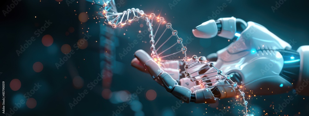 A robotic hand holding a DNA double helix, with tiny electrical sparks, set against a gradient dark blue background. A robotic hand holding a DNA double helix, with tiny electrical sparks, set against a gradient dark blue background.