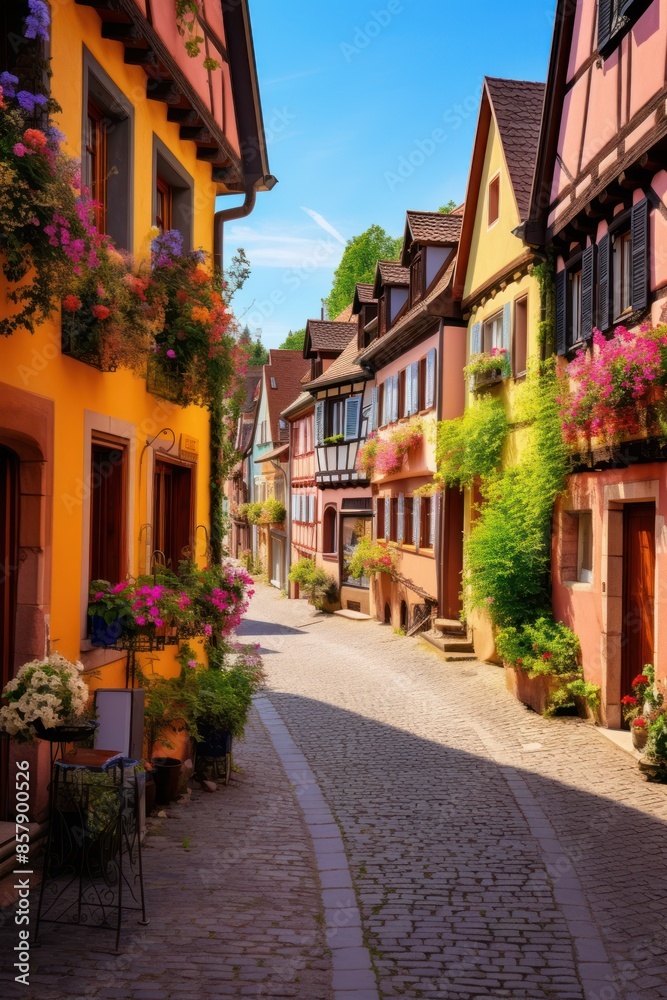 Colorful buildings and flowers on European street Colorful buildings and flowers on European street