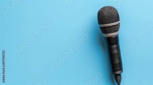 Microphone on blue background. Recording podcasts or interviews. Copy space