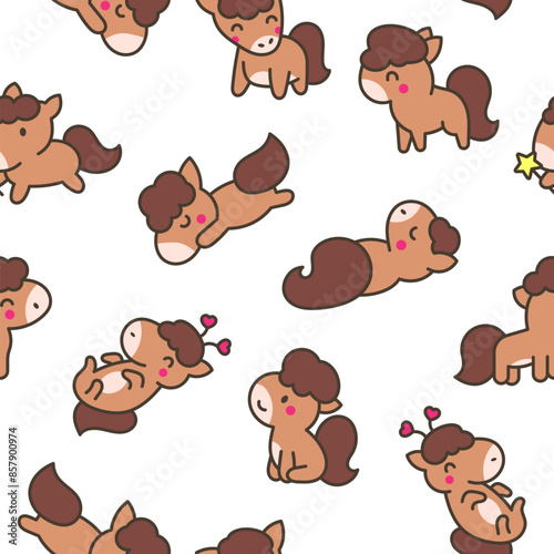 Cute kawaii pony. Seamless pattern. Cartoon funny baby horse characters. Hand drawn style. Vector drawing. Design ornaments.