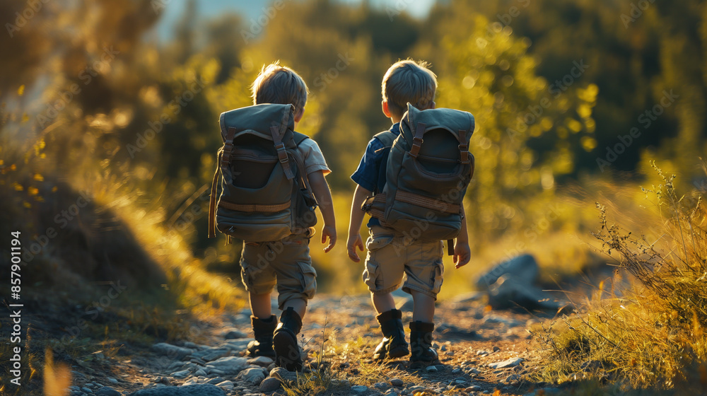 Two children hiking in a natural environment, warm light, adventure concept. Generative AI Two children hiking in a natural environment, warm light, adventure concept. Generative AI