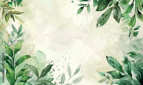 watercolor background with leaves, frame, for design, with space
