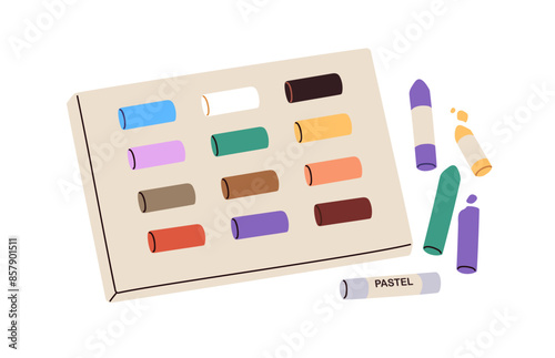 Oil pastel sticks, coloured pencils, colored crayon kit in box, case. Drawing tools, art supplies. Painting wax soft stationery, pigments. Flat vector illustration isolated on white background