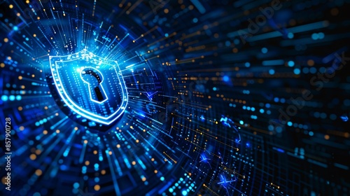 Depicts a cybersecurity concept with global network security technology, where business people protect personal information, utilizing encryption symbolized by a padlock icon on a virtual interface.