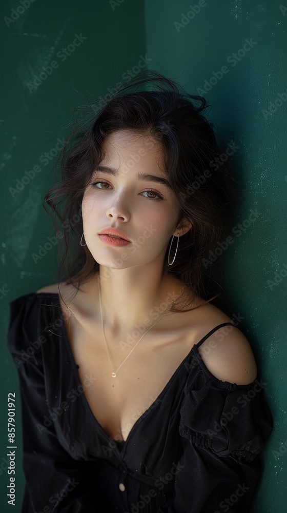Naklejka premium Elegant Woman in Half Body Portrait on Emerald Green Background with Natural Light
