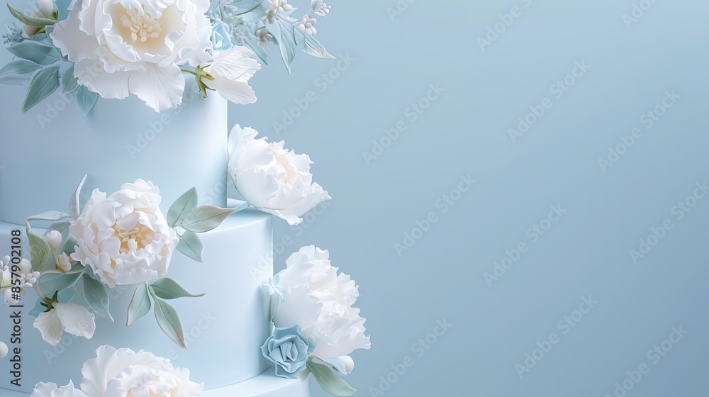 A two-tiered wedding cake with white frosting and delicate white flowers sits on a blue background. The cake is surrounded by scattered flower petals, adding to the romantic ambiance A two-tiered wedding cake with white frosting and delicate white flowers sits on a blue background. The cake is surrounded by scattered flower petals, adding to the romantic ambiance