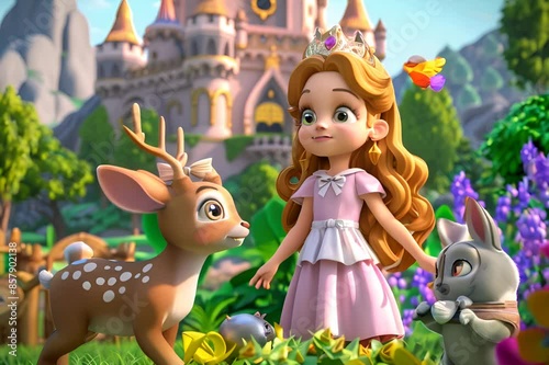 Animated Princess in Enchanted Forest with Animal Friends