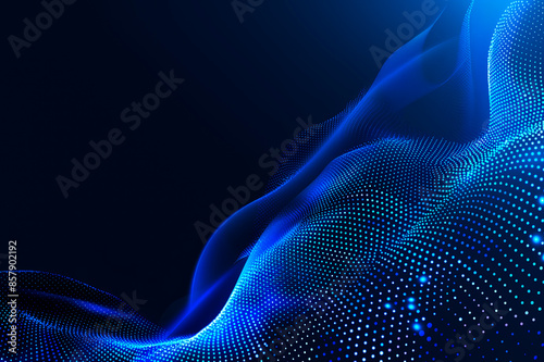 Abstract blue wavy particle design on dark background, concept of digital technology. Generative AI