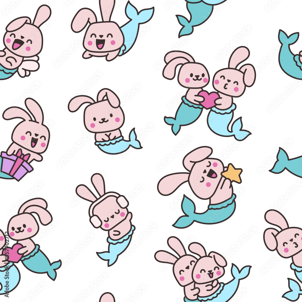 Cute kawaii bunny mermaid. Seamless pattern. Cartoon little rabbit. Fantasy animal characters. Hand drawn style. Vector drawing. Design ornaments.