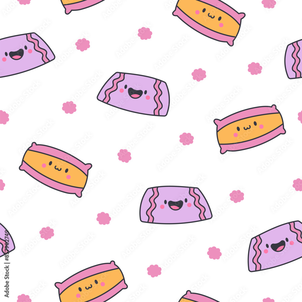 Kawaii cute sleeping smiling pillow. Seamless pattern. Cartoon character. Hand drawn style. Vector drawing. Design ornaments. Kawaii cute sleeping smiling pillow. Seamless pattern. Cartoon character. Hand drawn style. Vector drawing. Design ornaments.