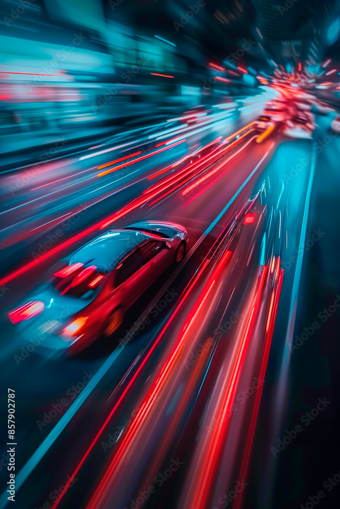 red car driving in motion, blue car on high speed . Blue car rushing along a high-speed highway red car driving in motion, blue car on high speed . Blue car rushing along a high-speed highway