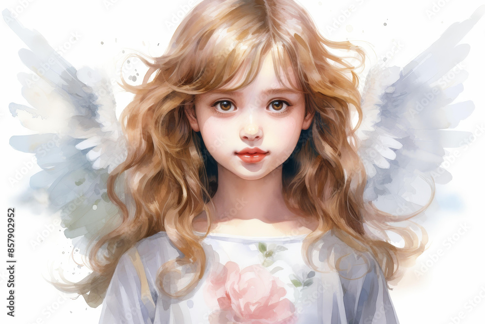Fototapeta premium Adorable watercolor illustration of a young angelic girl with a beautiful face.
