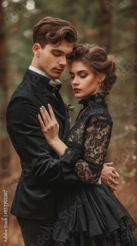 Elegant Woman in Black Suit Embracing Young Lover: Vintage Historical Couple in Love Amidst Moody Woodland Bokeh Background. Perfect for Valentine's Day, Newlyweds, Honeymoon, and Romantic Concepts. A