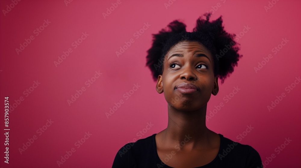 Black woman looking away with thoughtful expression on face, contemplating wondering Black woman looking away with thoughtful expression on face, contemplating wondering